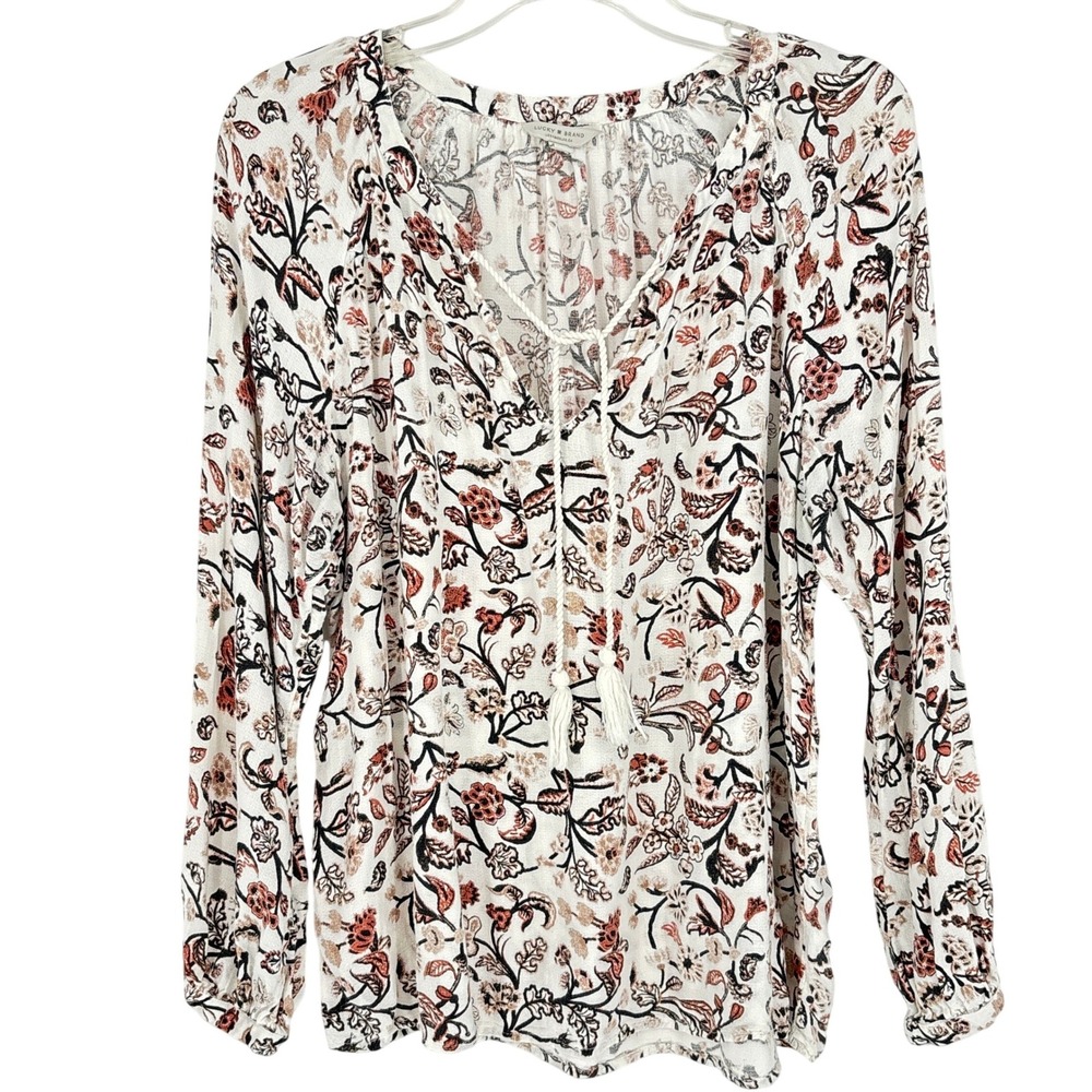 Lucky Brand Boho Floral Tassel Tie Neck Long Sleeve Blouse Romantic L